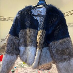 New York & Company Faux Fur Colorblock Jacket - Blue, Gray, Cream